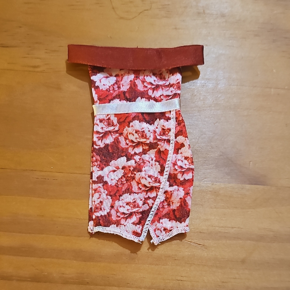 Hand Made Floral Doll Dress with Red Accents for Curvy Barbie.